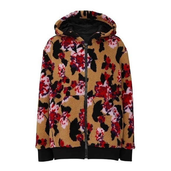 MSGM Giubbino Fleece Jacket Tan Red Floral Sherpa Zip Up Hooded Sz 38 / 4 US
